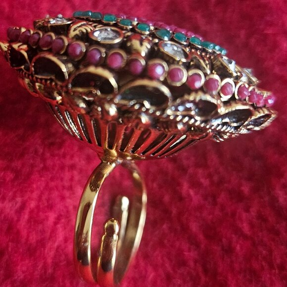 Maroon stone Brooch style fashion ring for bridal wedding kundan formal - Picture 2 of 2